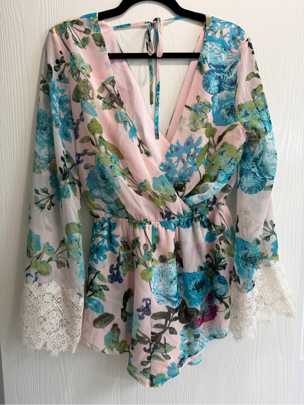 Floral Pink & Teal V-Neck Lace Cuff Romper